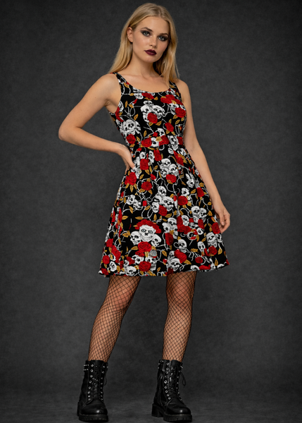 Goth dress with skull and rose print , alternative rockabilly style dress for women, alternative fashion rock n roll outfit
