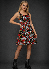 Goth dress with skull and rose print , alternative rockabilly style dress for women, alternative fashion rock n roll outfit
