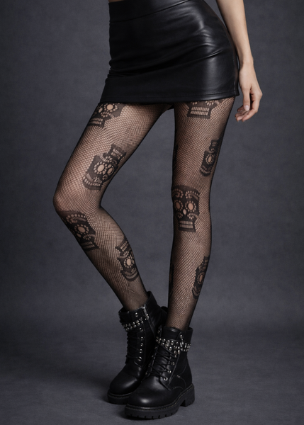 Day of the Dead skull fishnet tights with sugar skull pattern, gothic alternative hosiery for Halloween outfits and dark aesthetic fashion.