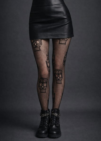 Day of the Dead skull fishnet tights with sugar skull pattern, gothic alternative hosiery for Halloween outfits and dark aesthetic fashion.