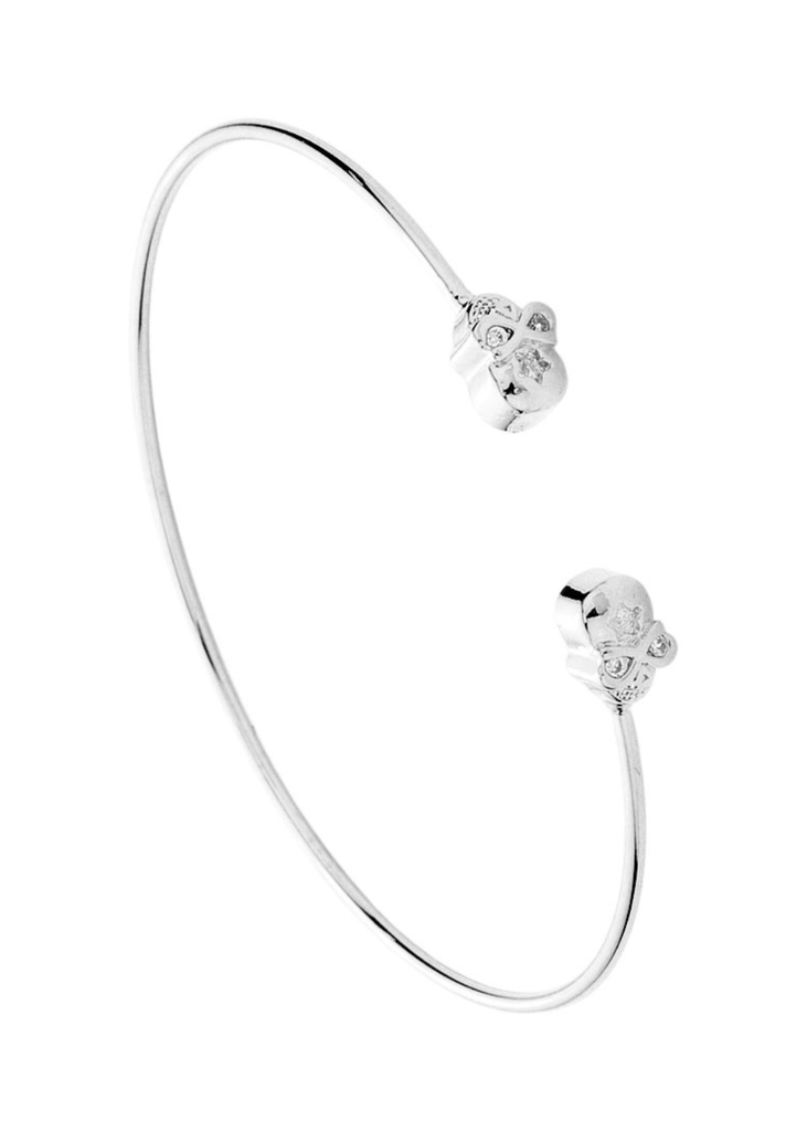 Brass metal skull cuff bracelet with CZ crystal embellishments - adjustable open bangle design