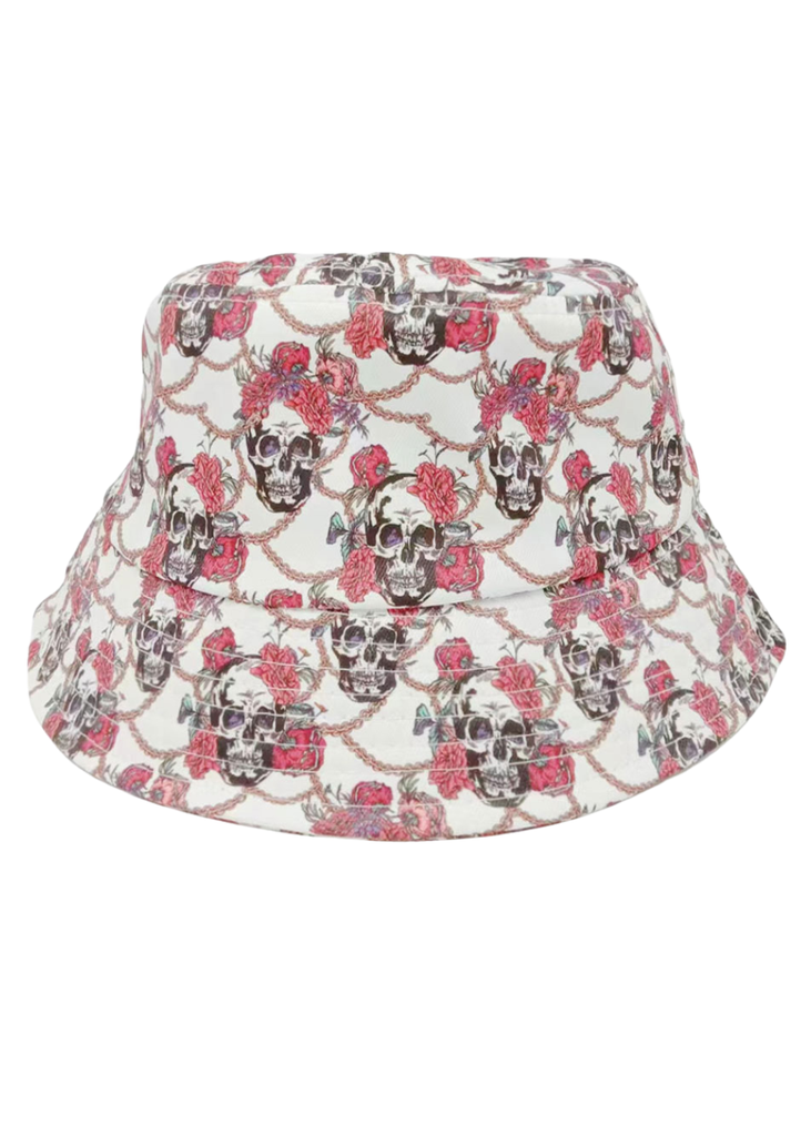 White skull bucket hat with gothic skull pattern, alternative punk streetwear hat