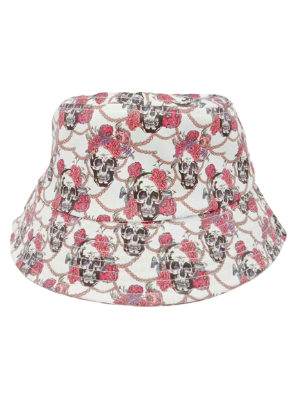 White skull bucket hat with gothic skull pattern, alternative punk streetwear hat