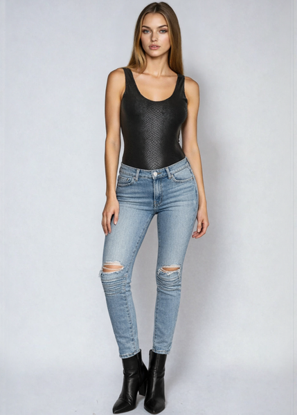 Black vegan leather snakeskin bodysuit, edgy one piece for rock concerts, clubwear and alternative fashion styling