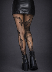 Women’s snake print fishnet tights, sheer gothic hosiery for concerts, cosplay and alternative style looks.
