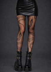 Snake pattern fishnet tights for women, gothic sheer hosiery with reptile design for alternative and punk outfits.