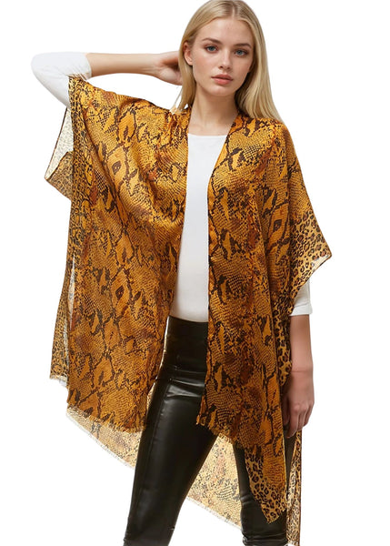 Flowy women's snake print kimono with lightweight fabric and open front, perfect as a boho chic layering piece or concert outfits.