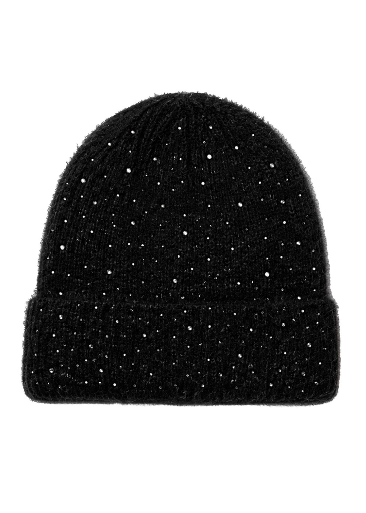 Black ribbed knit beanie hat with scattered sparkling rhinestones and a wide folded cuff