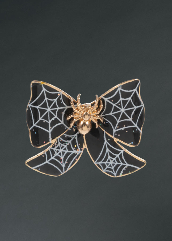 Gothic Halloween spider brooch on black bow for creepy cute style
