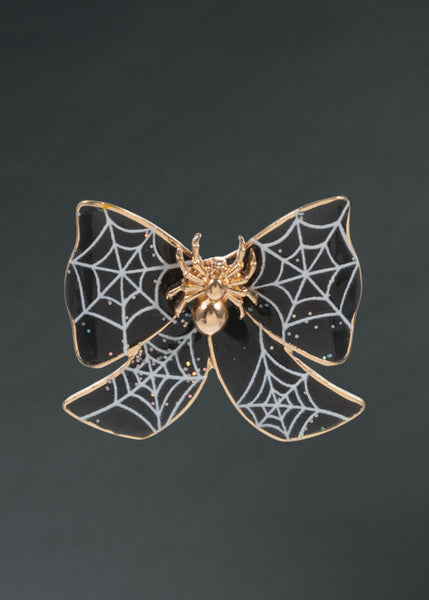 Gothic Halloween spider brooch on black bow for creepy cute style