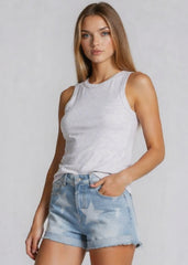 Model wearing star print denim shorts – high-rise fit with cuffed hem – Pretty Attitude