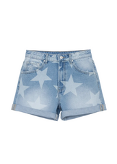 Star print high-rise denim shorts in faded light wash – boho festival style by Pretty Attitude