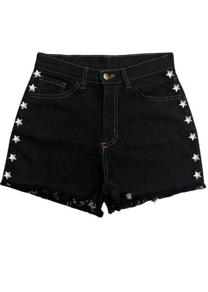 Black denim shorts with star embellishments on a white background
