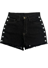 Black denim shorts with star embellishments on a white background
