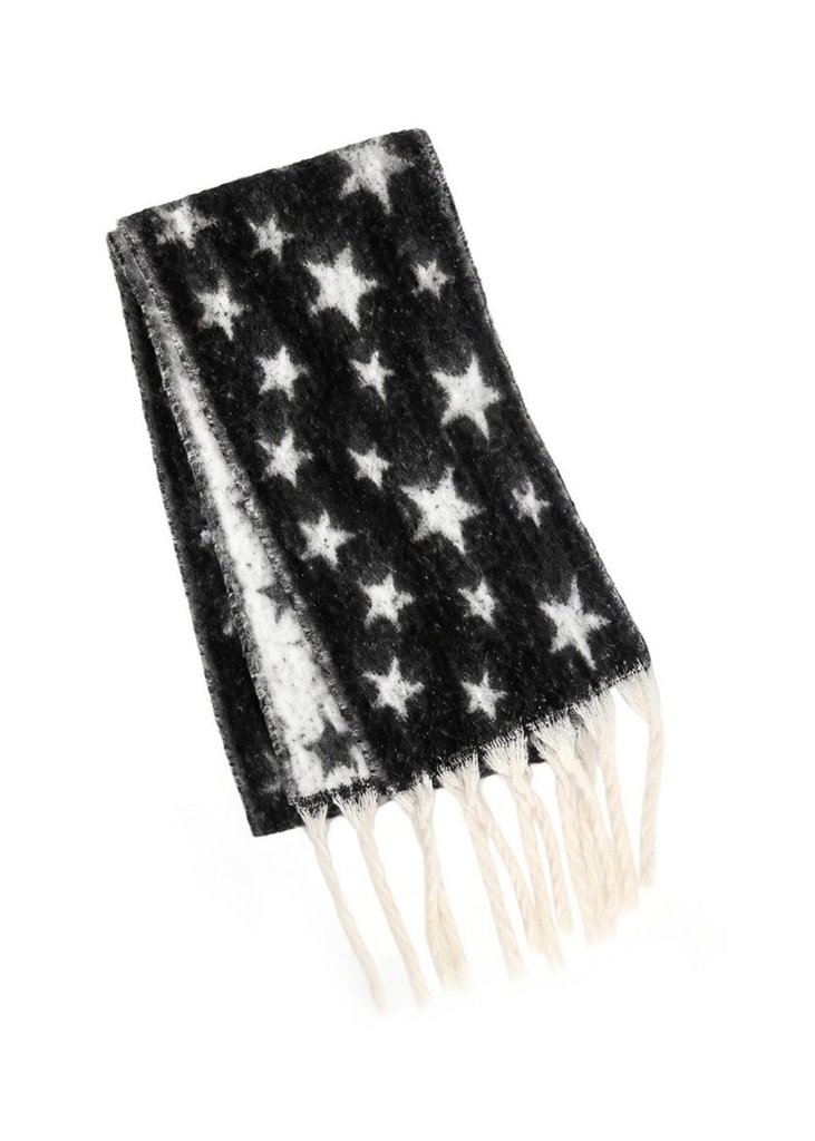 Black star-pattern scarf with long twisted fringe for fall and winter outfits