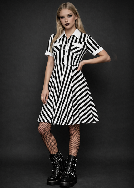 Black and white striped gothic shirt dress with collar worn with fishnet tights and studded boots, alternative rockabilly style A-line dress for women
