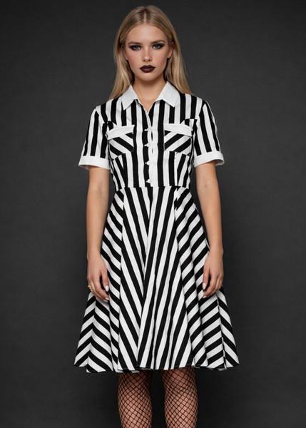 Gothic black and white vertical striped button front dress with collar and short sleeves, alternative fashion dress styled with fishnet tights and punk studded boot