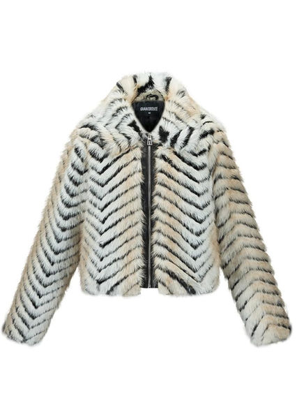 Black and white leopard print faux fur jacket cropped zip up style women's animal print coa
