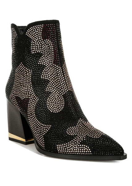 Rhinestone embellished block heel boots for women with crystal detailing and pointed toe