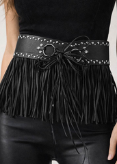 Bohemian studded fringe belt showing cascading fringe and metal stud embellishments