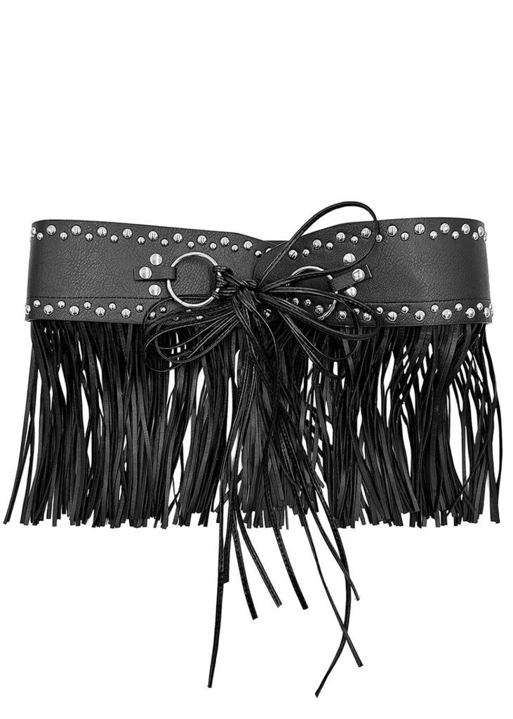 Faux leather studded fringe waist belt with lace-up center and flowing fringe detail