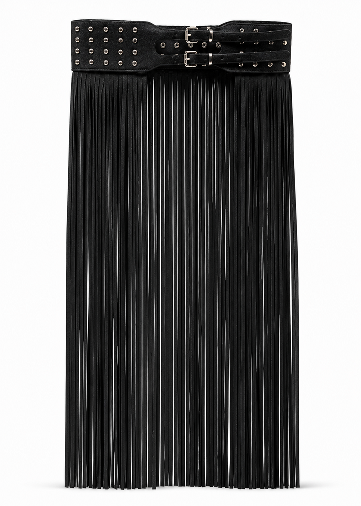 Studded fringe waist belt in black vegan leather with silver studs — boho rock-n-roll festival belt for women | Pretty Attitude