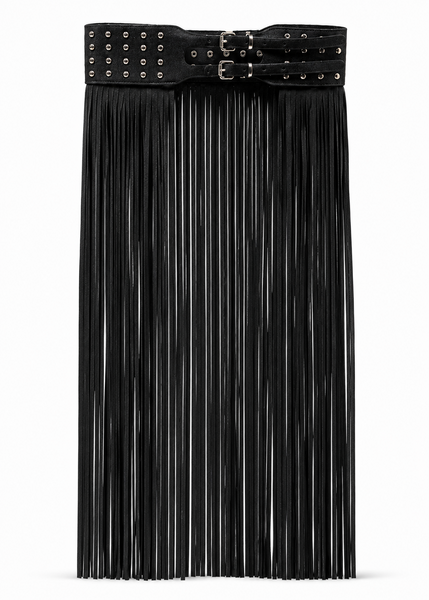 Studded fringe waist belt in black vegan leather with silver studs — boho rock-n-roll festival belt for women | Pretty Attitude