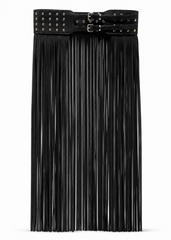 Studded fringe waist belt in black vegan leather with silver studs — boho rock-n-roll festival belt for women | Pretty Attitude