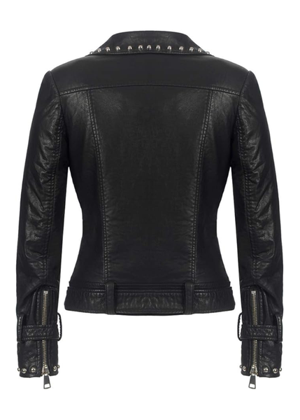Black studded moto jacket side view – faux suede rock chic outerwear by Pretty Attitude