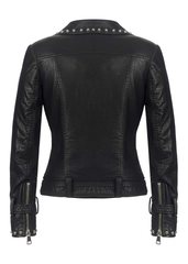 Black studded moto jacket side view – faux suede rock chic outerwear by Pretty Attitude