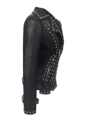 Black faux suede studded moto jacket front detail – silver stud embellishments and fitted silhouette