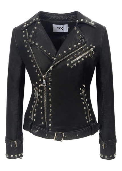 Women's black studded faux suede moto jacket with silver studs and asymmetrical zip – Pretty Attitude