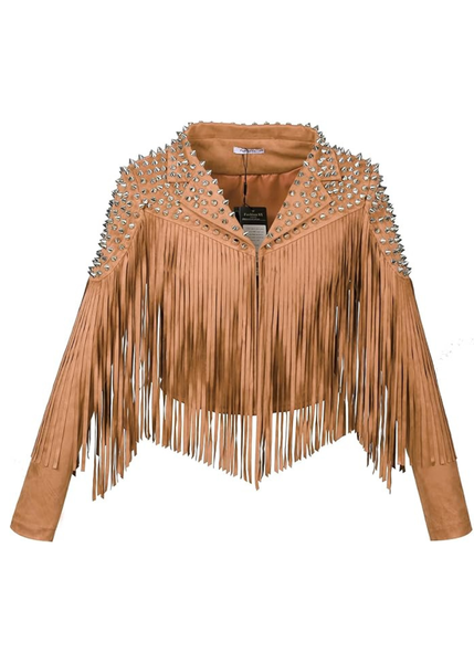 Camel faux suede studded fringe jacket with silver studs — front view