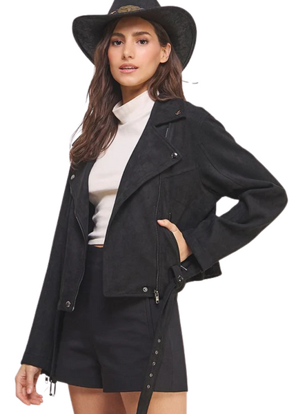 Women's black faux suede moto jacket with belt and long sleeves in a stylish biker design

