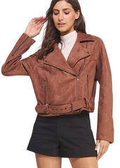 Boho style long sleeve cognac brown  moto jacket for women made from soft faux suede with adjustable belt