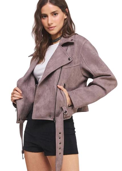 Trendy gray belted faux suede jacket with zip closure and lapel collar - perfect for concert outfits and festival fashion