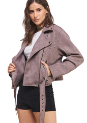 Trendy gray belted faux suede jacket with zip closure and lapel collar - perfect for concert outfits and festival fashion