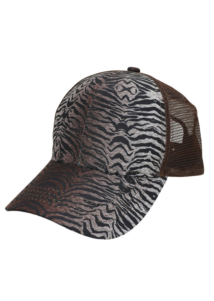Zebra patterned mesh baseball cap with black and white animal print and adjustable back