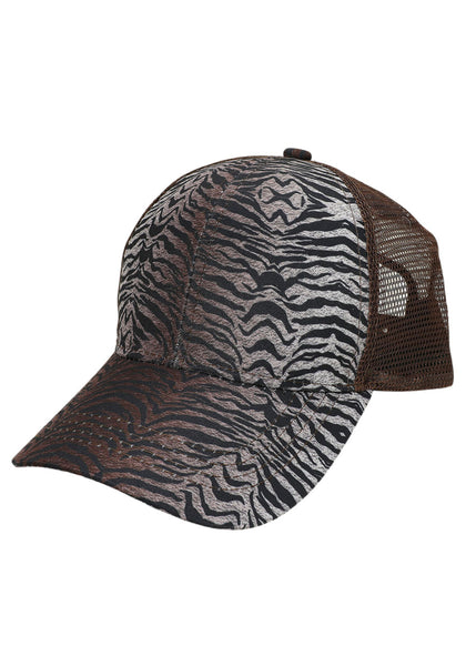 Zebra patterned mesh baseball cap with black and white animal print and adjustable back