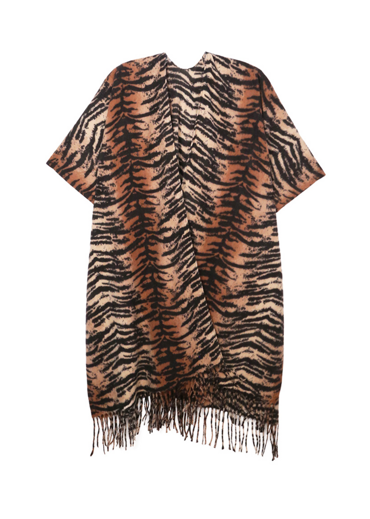 Tiger print kimono with fringe – bold animal print cardigan with a flowy fit, perfect for layering, festival fashion, and boho-chic style.