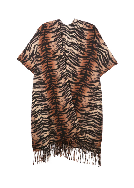 Tiger print kimono with fringe – bold animal print cardigan with a flowy fit, perfect for layering, festival fashion, and boho-chic style.