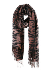 A brown tiger print scarf with fringes draped over a plain background.