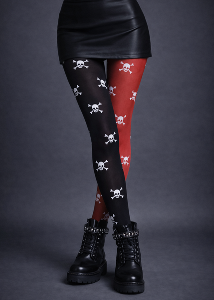 Two tone skull pattern Halloween tights, gothic skull print pantyhose for alternative fashion, spooky outfits and dark aesthetic styling