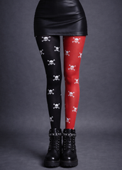 Two tone skull pattern Halloween tights, gothic skull print pantyhose for alternative fashion, spooky outfits and dark aesthetic styling