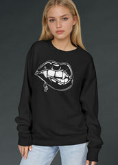Black vampire lips gothic sweatshirt with fanged mouth design, dark aesthetic pullover for women