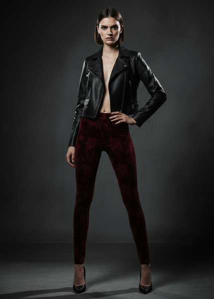 full-length model, leather jacket + heels Model wearing burgundy burnout velvet leggings with black leather jacket and heels, rock-n-roll editorial look

