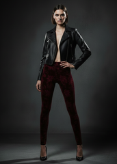full-length model, leather jacket + heels Model wearing burgundy burnout velvet leggings with black leather jacket and heels, rock-n-roll editorial look

