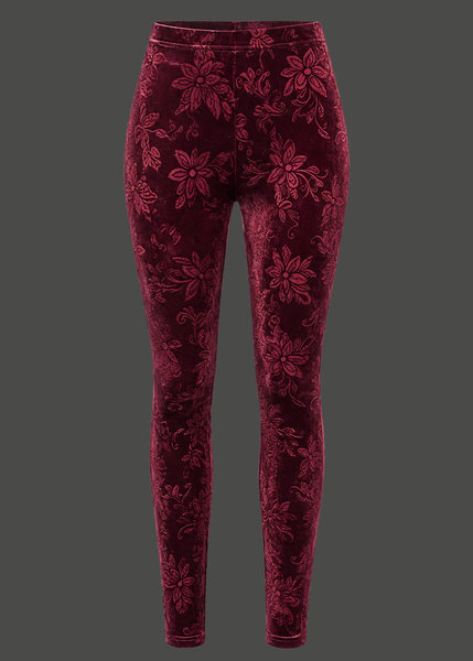 flat lay product shot Burnout burgundy velvet leggings with floral pattern, high-rise pull-on fit, Pretty Attitude

