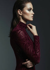 Burgundy Velvet Burnout Damask Long Sleeve Top