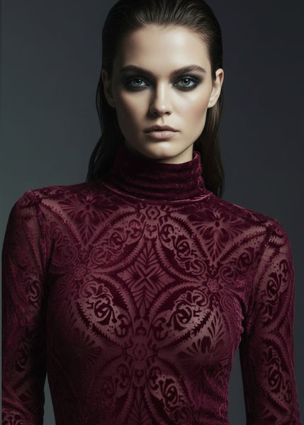 Burgundy Velvet Burnout Damask Long Sleeve Top